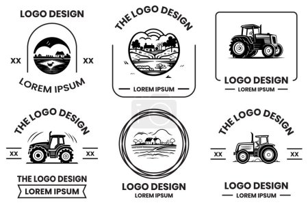 Téléchargez les illustrations : Fermes et champs logo en style art plat isolé sur fond - en licence libre de droit