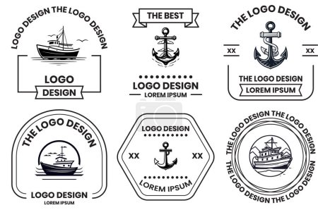 Ilustración de Logotipo de pesca y marítimo en estilo de arte de línea plana aislado sobre fondo - Imagen libre de derechos