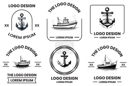 Ilustración de Logotipo de pesca y marítimo en estilo de arte de línea plana aislado sobre fondo - Imagen libre de derechos