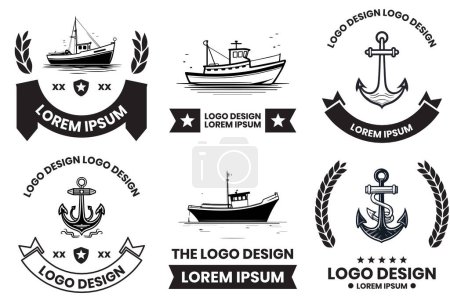 Téléchargez les photos : Pêche et logo maritime dans un style d'art plat isolé sur fond - en image libre de droit