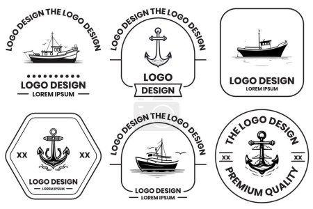 Téléchargez les illustrations : Pêche et logo maritime dans un style d'art plat isolé sur fond - en licence libre de droit