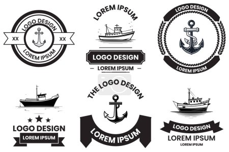 Illustration for Fishing and maritime logo in flat line art style isolated on background - Royalty Free Image