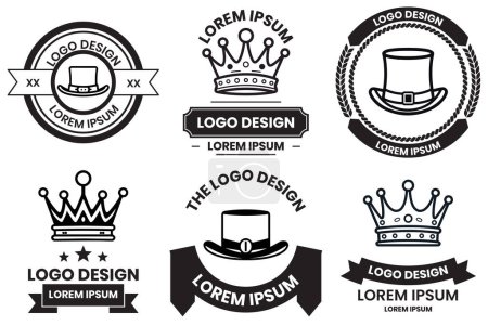 Ilustración de Logotipo sombrero y corona en estilo de arte de línea plana aislado sobre fondo - Imagen libre de derechos