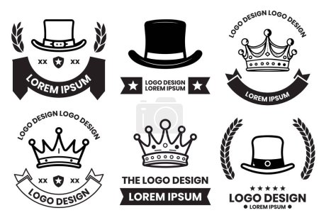 Ilustración de Logotipo sombrero y corona en estilo de arte de línea plana aislado sobre fondo - Imagen libre de derechos