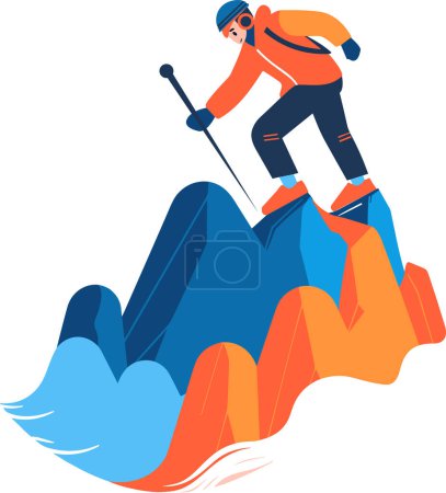 Téléchargez les illustrations : Dessiné à la main Les touristes aventureux escaladent les montagnes dans un style plat isolé sur fond - en licence libre de droit