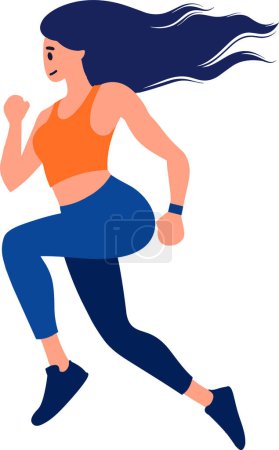 Téléchargez les illustrations : Exercice de course de fille de fitness dessinée à la main dans un style plat isolé sur fond - en licence libre de droit