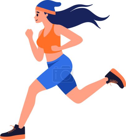 Téléchargez les illustrations : Exercice de course de fille de fitness dessinée à la main dans un style plat isolé sur fond - en licence libre de droit