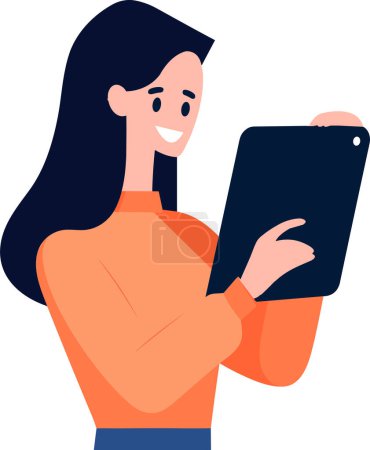 Ilustración de Personaje femenino dibujado a mano sosteniendo una tableta o teléfono inteligente en estilo plano aislado en el fondo - Imagen libre de derechos