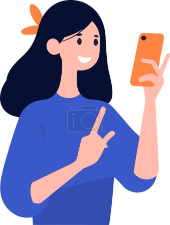 Illustration for Hand Drawn Female character holding a tablet or smartphone in flat style isolated on background - Royalty Free Image
