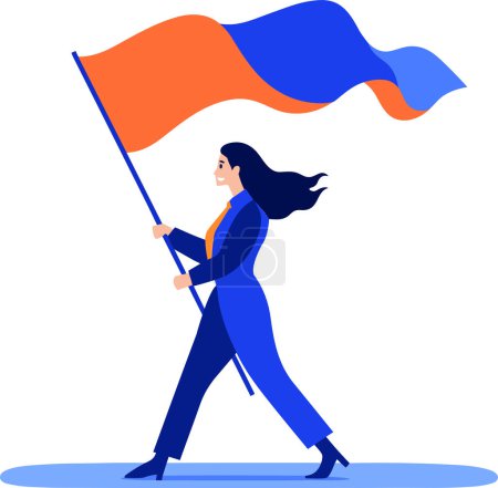 Téléchargez les illustrations : Femme d'affaires tirée à la main tenant un drapeau de victoire dans un style plat isolé sur fond - en licence libre de droit