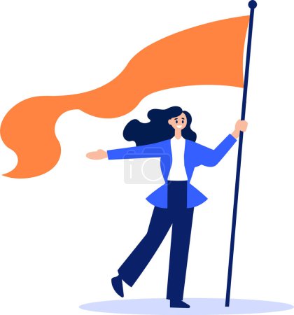 Téléchargez les illustrations : Femme d'affaires tirée à la main tenant un drapeau de victoire dans un style plat isolé sur fond - en licence libre de droit