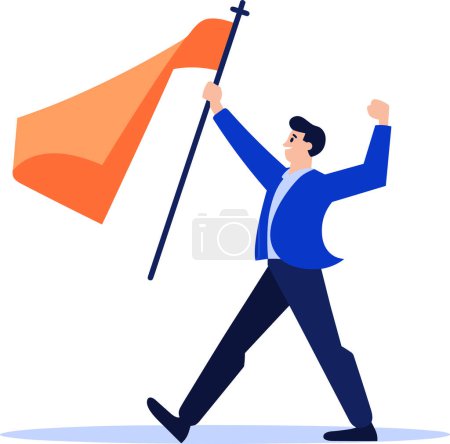 Téléchargez les illustrations : Main dessinée Homme d'affaires tenant un drapeau de victoire dans un style plat isolé sur fond - en licence libre de droit