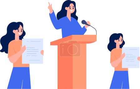 Hand Drawn Business woman speaking on the podium in flat style isolated on background