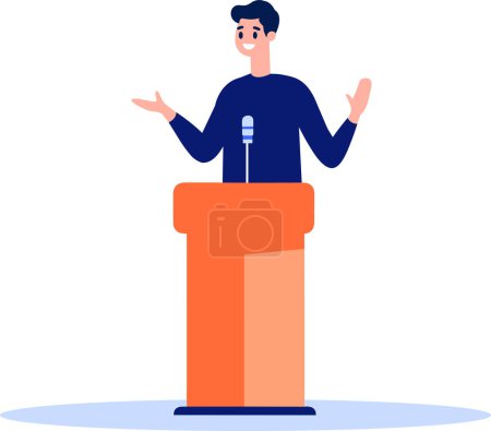 Téléchargez les illustrations : Homme d'affaires dessiné à la main parlant sur le podium dans un style plat isolé sur fond - en licence libre de droit