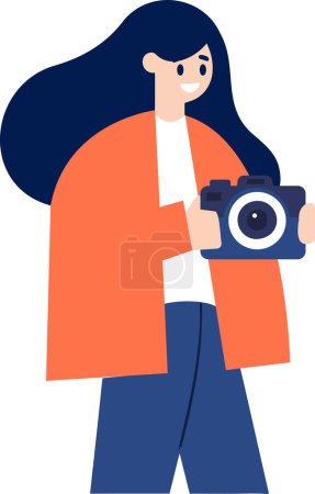 Téléchargez les illustrations : Dessiné à la main personnage féminin prenant des photos avec appareil photo dans un style plat isolé sur fond - en licence libre de droit