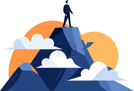 Téléchargez les illustrations : Homme d'affaires dessiné à la main debout sur le sommet de la montagne du succès dans un style plat isolé sur fond - en licence libre de droit