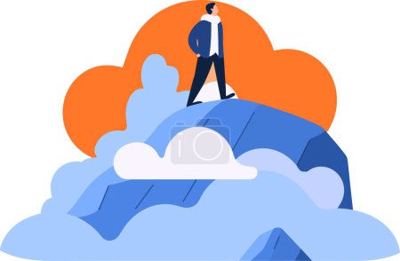 Illustration for Hand Drawn Businessman standing on top of the mountain of success in flat style isolated on background - Royalty Free Image