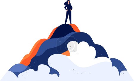 Ilustración de Empresario dibujado a mano de pie en la cima de la montaña de éxito en estilo plano aislado en el fondo - Imagen libre de derechos