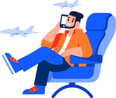 Ilustración de Turista Dibujado a Mano con silla en avión en estilo plano aislado sobre fondo - Imagen libre de derechos