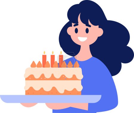 Ilustración de Personaje femenino dibujado a mano con pastel de cumpleaños en estilo plano aislado sobre fondo - Imagen libre de derechos