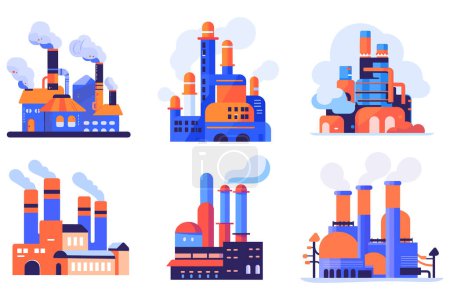 Ilustración de Fábricas dibujadas a mano con contaminación y humo en estilo plano aislado sobre fondo - Imagen libre de derechos