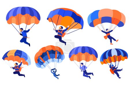 Illustration for Hand Drawn adventurous traveler parachuting from the sky in flat style isolated on background - Royalty Free Image
