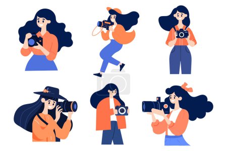 Téléchargez les illustrations : Dessiné à la main personnage féminin prenant des photos avec appareil photo dans un style plat isolé sur fond - en licence libre de droit