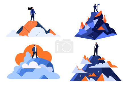 Ilustración de Empresario dibujado a mano de pie en la cima de la montaña de éxito en estilo plano aislado en el fondo - Imagen libre de derechos