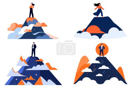 Téléchargez les illustrations : Homme d'affaires dessiné à la main debout sur le sommet de la montagne du succès dans un style plat isolé sur fond - en licence libre de droit
