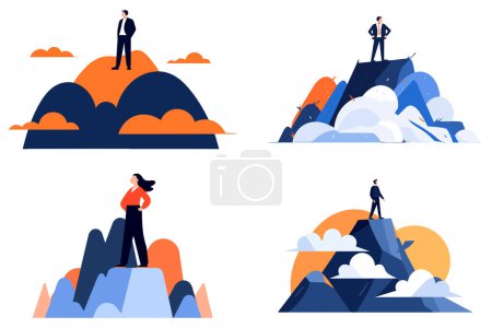 Illustration for Hand Drawn Businessman standing on top of the mountain of success in flat style isolated on background - Royalty Free Image
