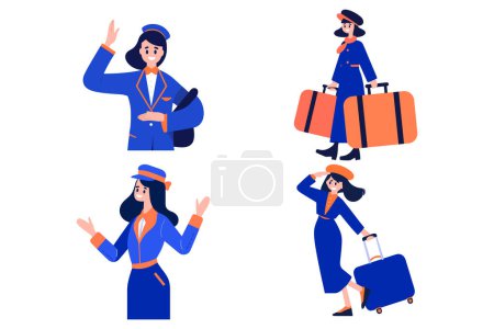 Ilustración de Asistente de vuelo dibujado a mano con maleta de estilo plano aislado sobre fondo - Imagen libre de derechos