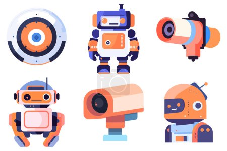 Ilustración de Robots y dispositivos electrónicos dibujados a mano en estilo plano aislados sobre fondo - Imagen libre de derechos