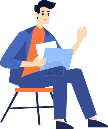 Ilustración de Personaje masculino dibujado a mano sentado y leyendo un libro en estilo plano aislado en el fondo - Imagen libre de derechos
