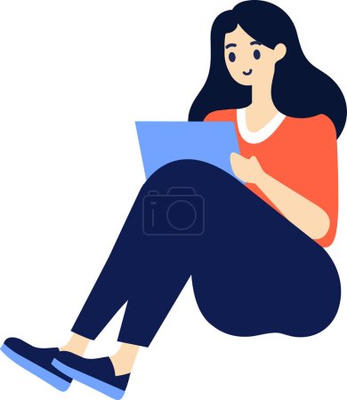 Téléchargez les illustrations : Personnage féminin dessiné à la main assis et lisant un livre dans un style plat isolé sur fond - en licence libre de droit