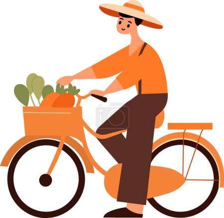 Ilustración de Granjero masculino dibujado a mano que monta una bicicleta en estilo plano aislado en el fondo - Imagen libre de derechos
