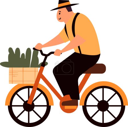 Ilustración de Granjero masculino dibujado a mano que monta una bicicleta en estilo plano aislado en el fondo - Imagen libre de derechos