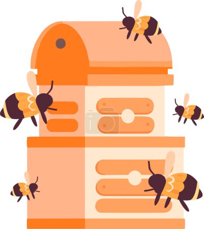 Téléchargez les illustrations : Boîte d'apiculture dessinée à la main ou maison d'abeilles dans un style plat isolé sur fond - en licence libre de droit