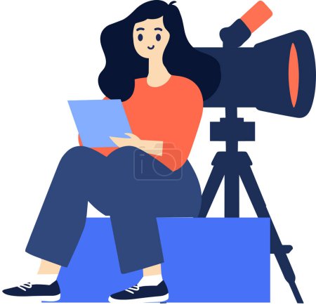 Téléchargez les illustrations : Personnage féminin reporter dessiné à la main dans un style plat isolé sur fond - en licence libre de droit