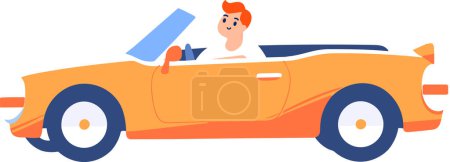 Téléchargez les illustrations : Touristes dessinés à la main conduisent une voiture décapotable à la plage dans un style plat isolé sur fond - en licence libre de droit