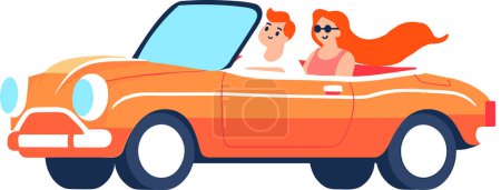 Illustration for Hand Drawn Tourists drive convertibles car to the beach in flat style isolated on background - Royalty Free Image
