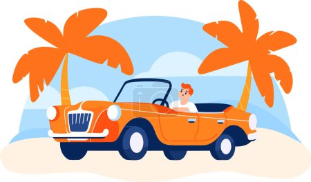 Ilustración de Turistas dibujados a mano conducen convertibles coche a la playa en estilo plano aislado en el fondo - Imagen libre de derechos