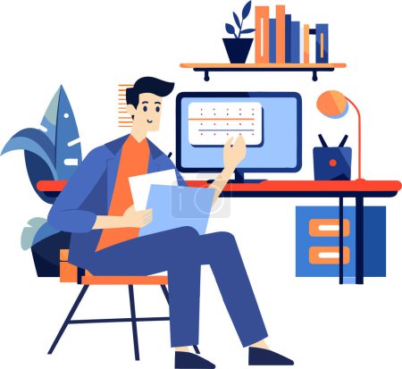 Ilustración de Dibujado a mano Un personaje masculino está sentado y leyendo un libro en su oficina en estilo plano aislado en el fondo - Imagen libre de derechos