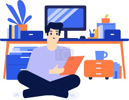 Ilustración de Dibujado a mano Un personaje masculino está sentado y leyendo un libro en su oficina en estilo plano aislado en el fondo - Imagen libre de derechos