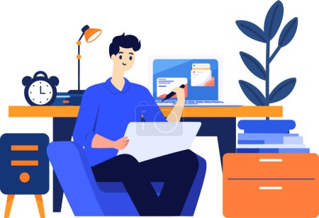 Illustration for Hand Drawn A male character is sitting and reading a book in his office in flat style isolated on background - Royalty Free Image