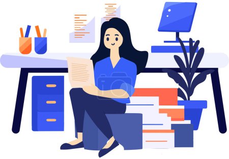 Illustration for Hand Drawn A female character is sitting and reading a book in her office in flat style isolated on background - Royalty Free Image