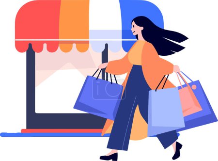 Illustration for Hand Drawn A woman with shopping bags walks past a storefront in flat style isolated on background - Royalty Free Image