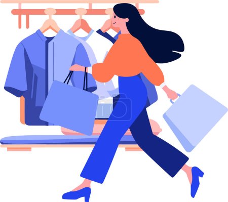Ilustración de Dibujado a mano Una mujer con bolsas de compras pasa frente a una tienda de estilo plano aislado en el fondo - Imagen libre de derechos