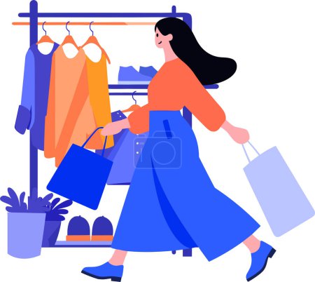 Illustration for Hand Drawn A woman with shopping bags walks past a storefront in flat style isolated on background - Royalty Free Image