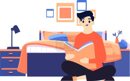 Ilustración de Dibujado a mano Un personaje masculino está leyendo un libro en el dormitorio en estilo plano aislado en el fondo - Imagen libre de derechos