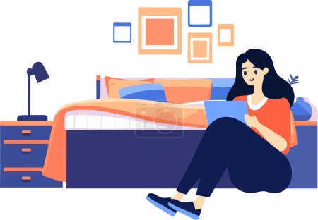 Illustration for Hand Drawn A female character is reading a book in the bedroom in flat style isolated on background - Royalty Free Image
